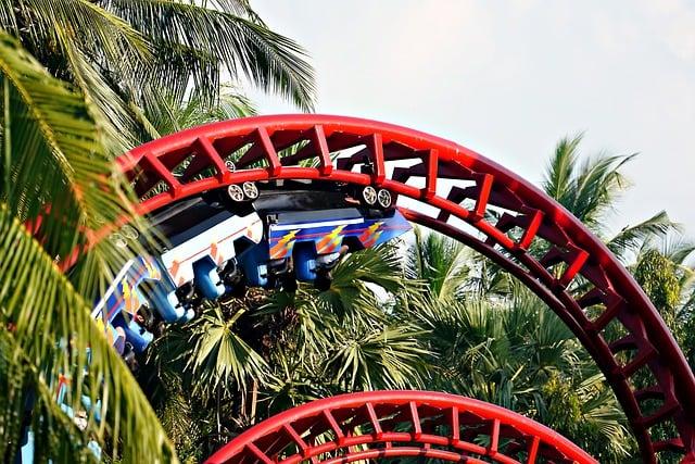 roller coaster, theme park, amusement park, amusement park ride, theme park ride, palm trees, red, roller coaster, roller coaster, roller coaster, roller coaster, theme park, theme park, theme park, theme park, theme park, amusement park